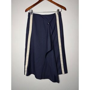 Navy Pinstripe Wrap Midi Skirt with Cream Side Stripes